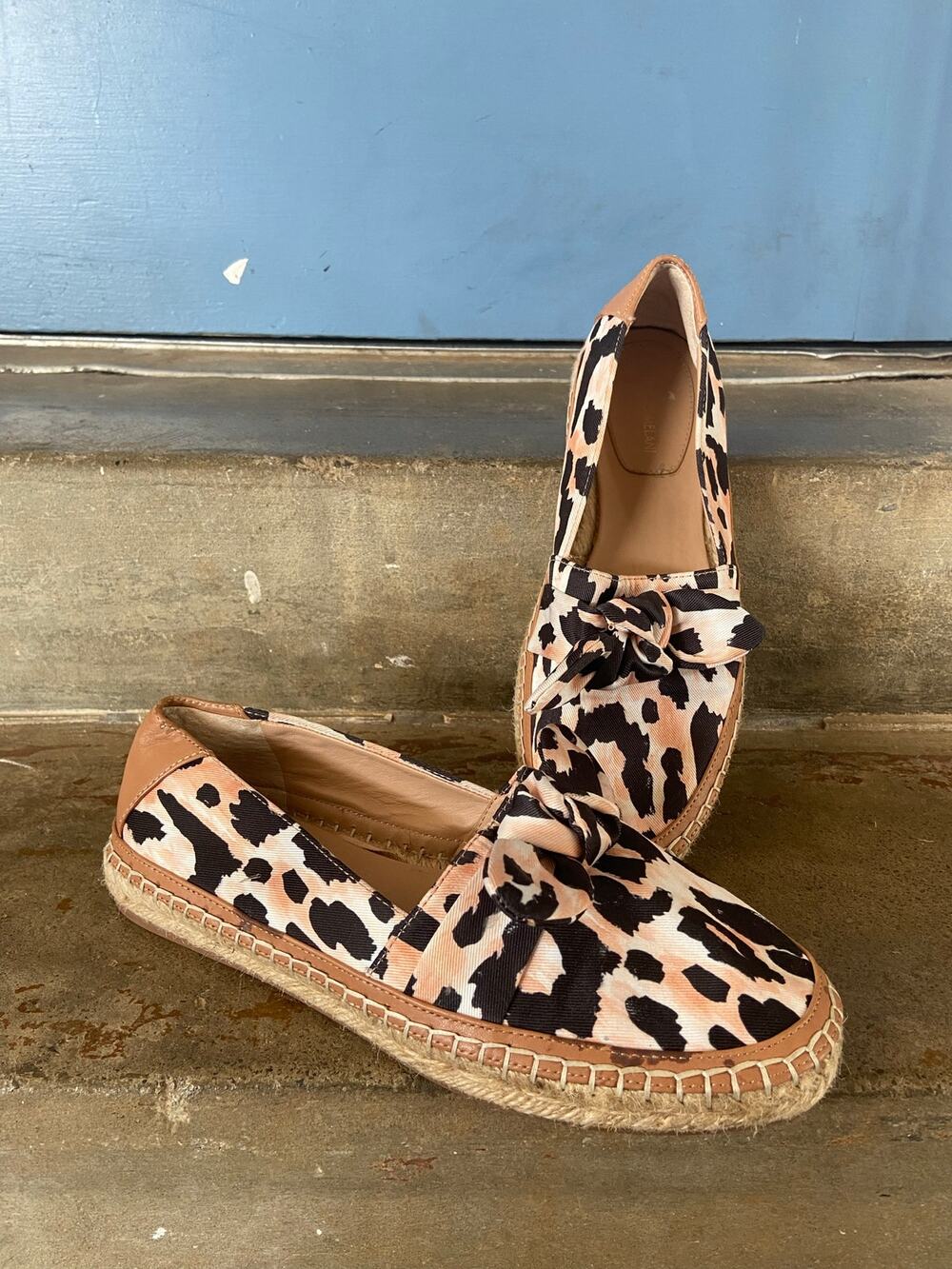 Antonio Melani canvas animal print espadrille slip on loafer with bow detail
